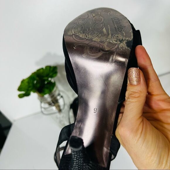 Charles by Charles David Black Satin Snakeskin Stiletto Heels Ankle Strap - Picture 8 of 14